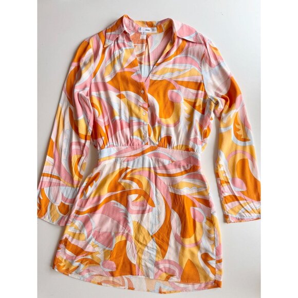 MANGO Orange Pink Abstract Scarf Printed Crepe Mini Shirt Dress, Size 4 - Picture 5 of 15